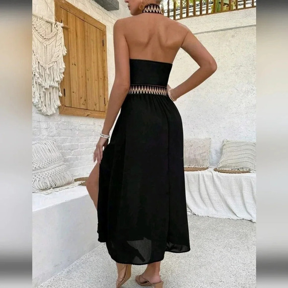 Backless Halter Neck Woven Strap Spliced Dress - Picture 4 of 4